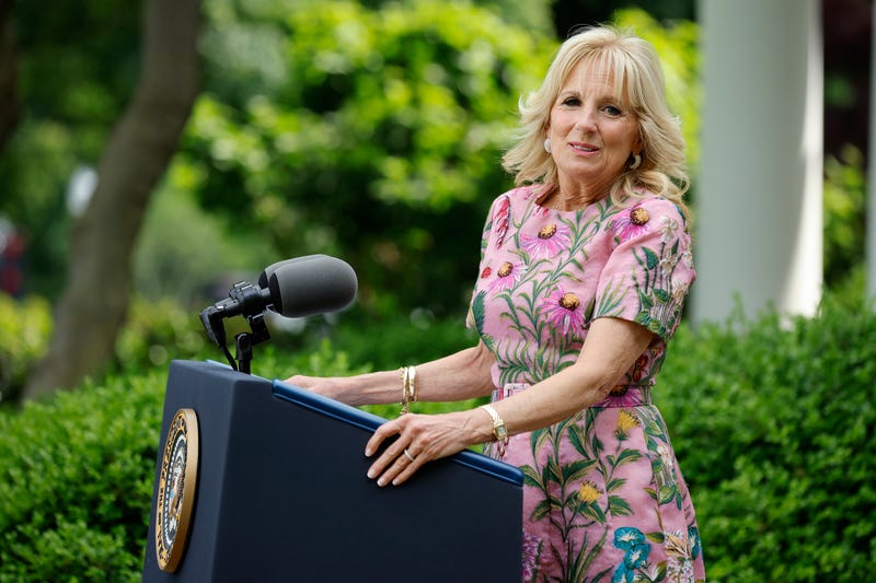 U.S. first lady Jill Biden delivers remarks during a reception to celebrate Asian American, Native Hawaiian and Pacific Islander Heritage Month in the Rose Garden of the White House on May 17, 2022 in Washington, DC. 