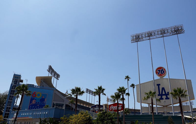 An exterior view of Dodger Stadium before a game between the Arizona Diamondbacks and the Los Angeles Dodgers on May 18, 2022 in Los Angeles, California.