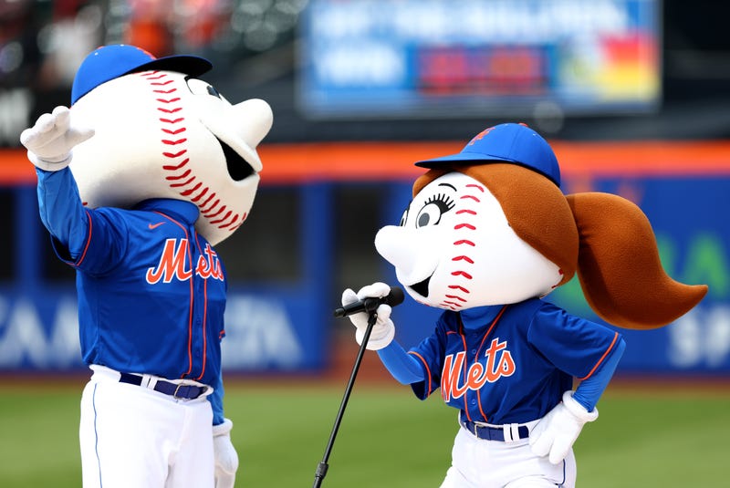 Mr. Met and Mrs. Met perform before game one of a double header between the New York Mets and the Atlanta Braves at Citi Field on May 03, 2022, in the Flushing neighborhood of the Queens borough of New York City. 