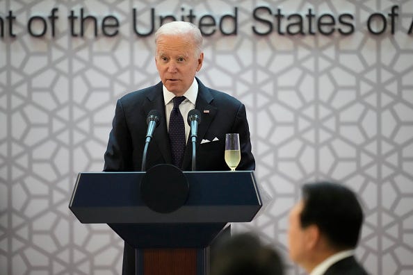 U.S. President Joe Biden delivers a speech during the state dinner hosted by South Korean President Yoon Suk-yeol at the National Museum of Korea on May 21, 2022 in Seoul, South Korea. U.S. 