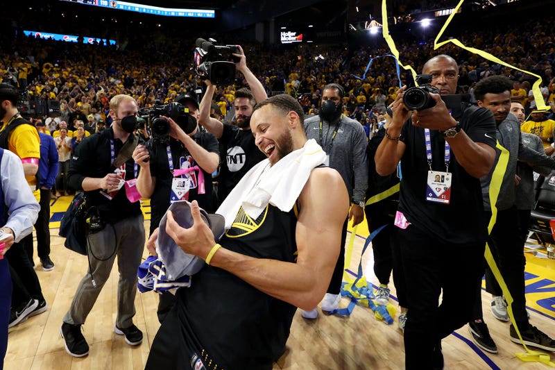Stephen Curry #30 of the Golden State Warriors celebrates after the 120-110 win against the Dallas Mavericks to advance to the NBA Finals in Game Five of the 2022 NBA Playoffs Western Conference Finals at Chase Center on May 26, 2022 in San Francisco, California.