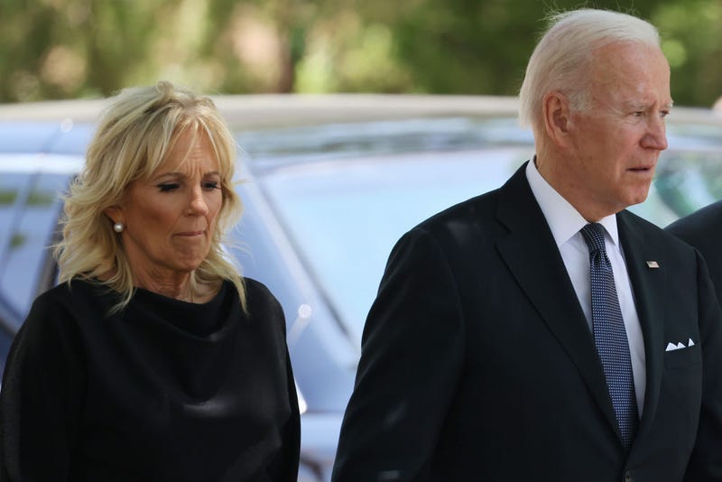 First Lady Dr. Jill Biden and President Joe Biden walk towards their car after attending mass at Sacred Heart Catholic Church on May 29, 2022 in Uvalde, Texas.