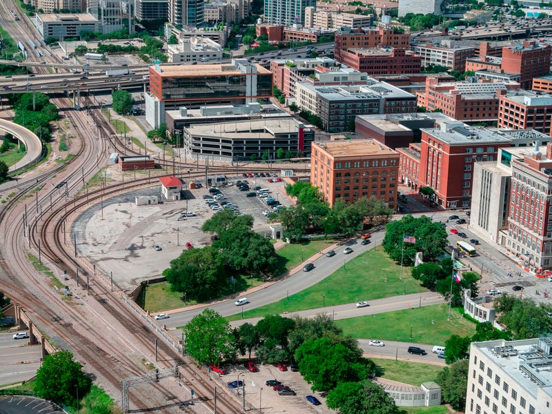 An aerial view of Dealey Plaza in Dallas, Texas.