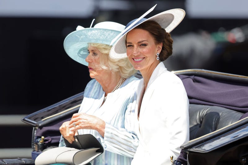 Camilla, Duchess of Cornwall, Catherine and Duchess of Cambridge ride in a carriage during the Trooping the Colour parade on June 02, 2022 in London, England. The Platinum Jubilee of Elizabeth