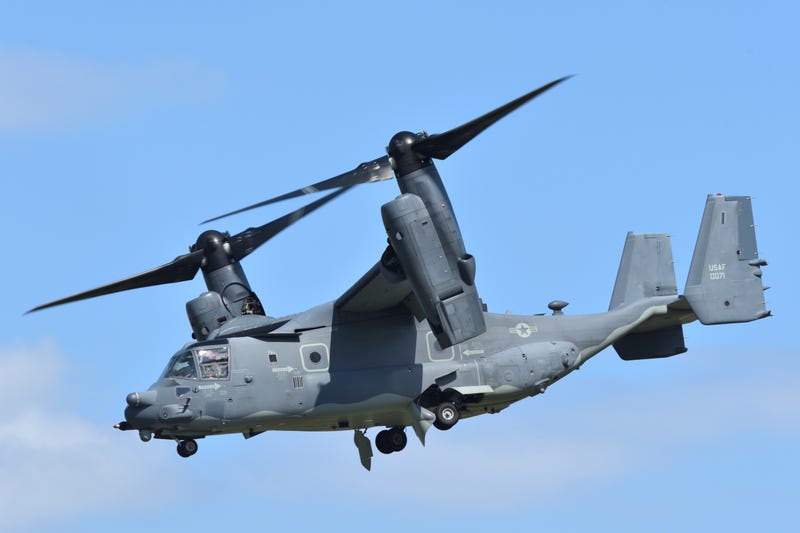 United States Air Force Bell Boeing CV-22B Osprey tiltrotor military transport aircraft.