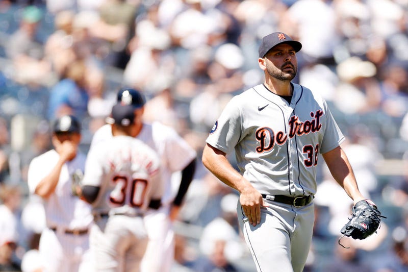 Michael Fulmer #32 of the Detroit Tigers reacts during the eighth inning against the New York Yankees at Yankee Stadium on June 05, 2022 in the Bronx borough of New York City.