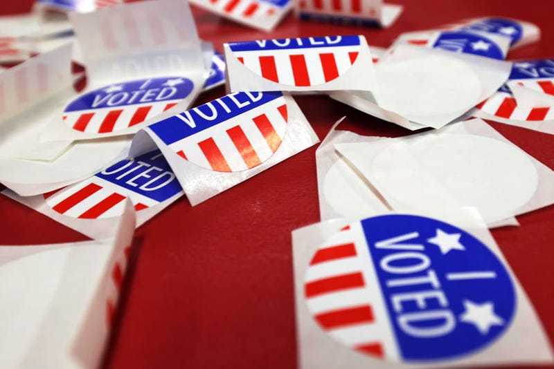  "I Voted" stickers are seen on a table during the Midterm Primary Election Day at Engine Company No. 2 Firehouse on June 07, 2022 in Hoboken, New Jersey.