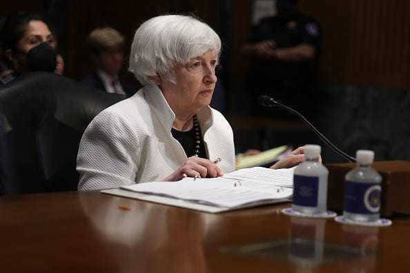 U.S. Secretary of the Treasury Janet Yellen testifies during a hearing before Senate Finance Committee at Dirksen Senate Office Building on Capitol Hill June 7, 2022 in Washington, DC. The committee held a hearing to examine the Biden Administration’s budget request for fiscal year 2023 for the Treasury Department.