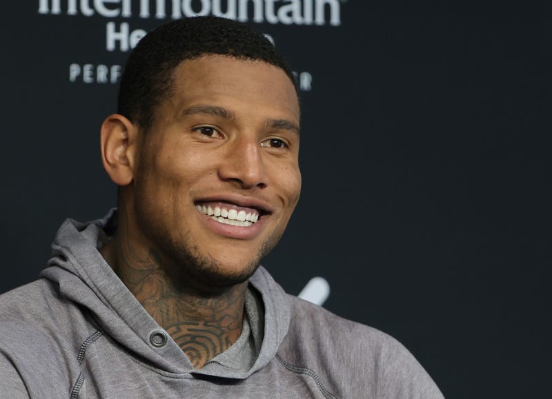 Tight end Darren Waller # 83 of the Las Vegas Raiders speaks during a news conference after the first day of mandatory minicamp