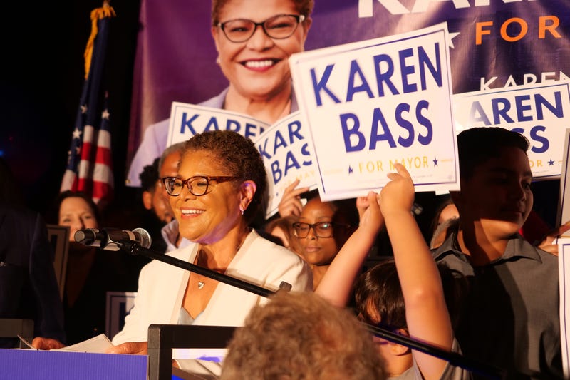 Rep. Karen Bass (D-CA) speaks at her primary night event at W Hollywood on June 07, 2022 in Hollywood, California.