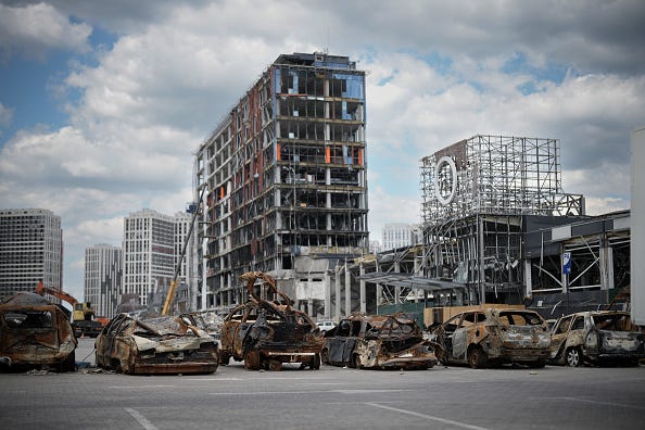 Repair work gets underway at the Retroville shopping centre located in Kyiv which was bombed in a Russian airstrike on June 08, 2022 in Kyiv, Ukraine. 