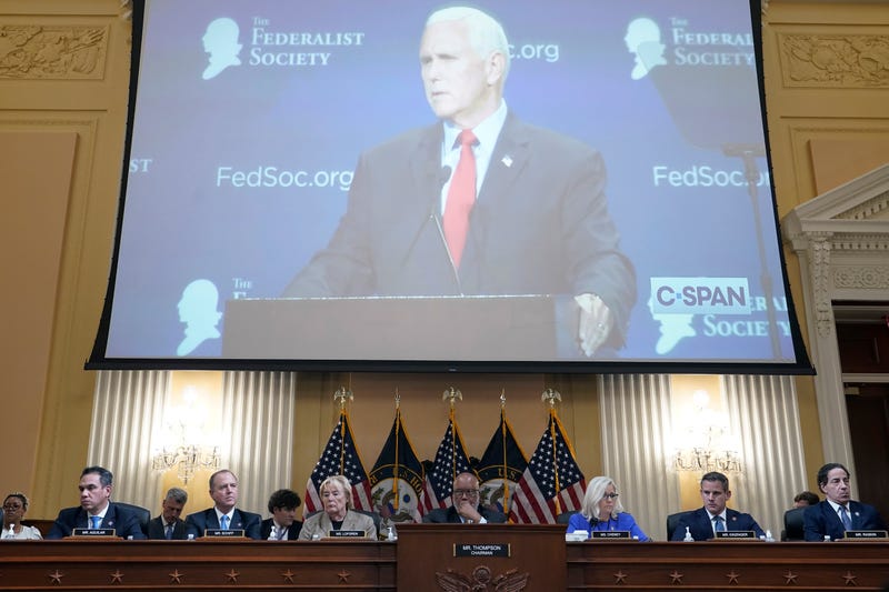 Former Vice President Mike Pence is seen on a screen during a hearing by the Select Committee to Investigate the January 6th Attack on the U.S. Capitol on June 09, 2022 in Washington, D.C.