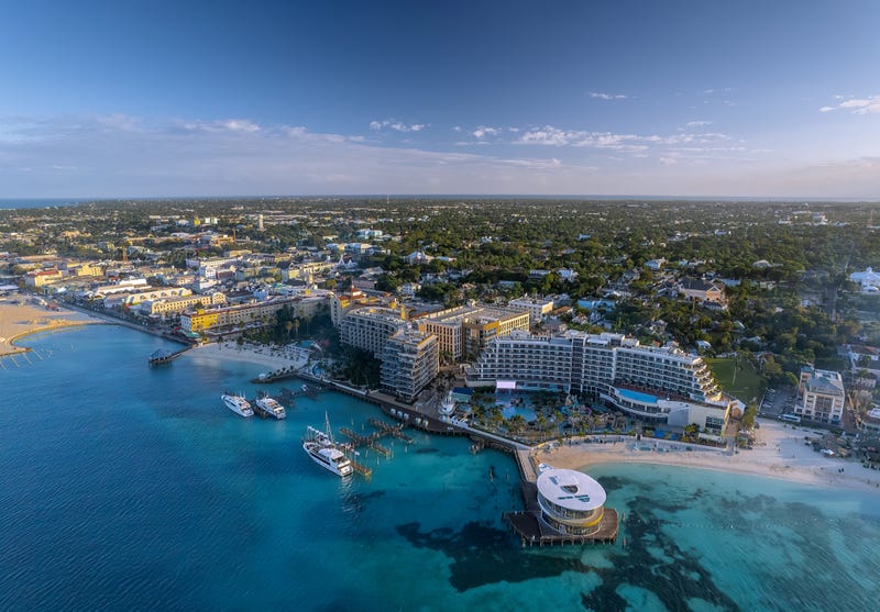 View of the downtown district of Nassau city and port, Bahamas.