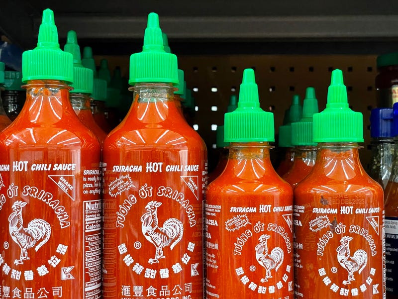 Bottles of Huy Fong Foods Sriracha sauce are displayed on a supermarket shelf on June 10, 2022 in Larkspur, California.