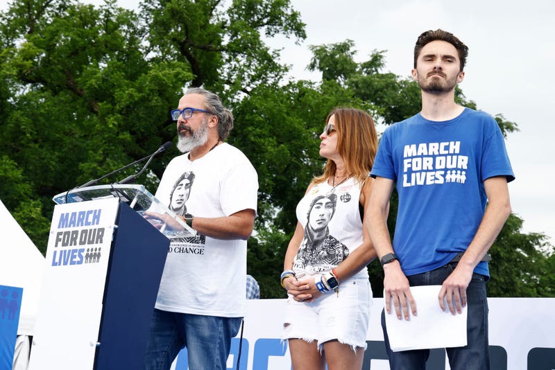 Manny Oliver, Patricia Oliver and David Hogg speak during March for Our Lives 2022 on June 11, 2022 in Washington, DC. Manny Oliver is the father of Joaquin Oliver, one of the 17 victims of the Parkland shooting. After the Parkland shooting, Manny co-founded Change the Ref, an organization dedicated to empowering youth with the tools they need to become activists. David Hogg is a survivor of the 2018 Marjory Stoneman Douglas High School in Parkland, Florida and a founder of the March For Our Lives Movement. David co-authored #NeverAgain: A New Generation Draws the Line, a book about the power of youth activism in the gun violence prevention movement. (Photo by Paul Morigi/Getty Images for March For Our Lives)