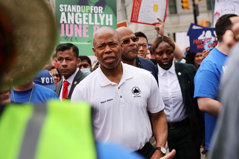 New York Mayor Eric Adams joins People as they march across the Brooklyn Bridge to protest against gun violence in the March for Our Lives march and rally on June 11, 2022 in New York City.