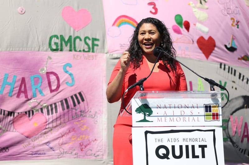 San Francisco Mayor London Breed speaks before the AIDS Memorial Quilt is displayed on the lawn at Robin Williams Meadow in Golden Gate Park on June 11, 2022 in San Francisco, California.