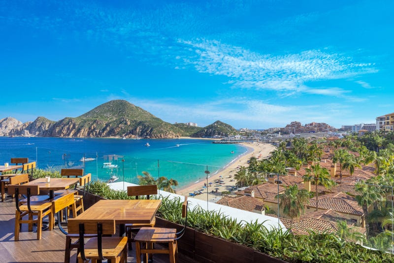 Scenic panoramic aerial view of Los Cabos landmark tourist destination Arch of Cabo San Lucas.