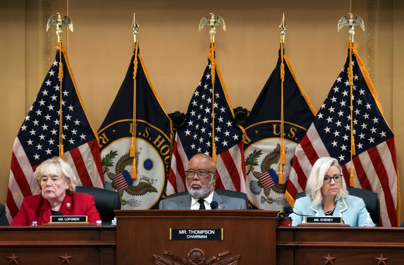 JUNE 13: (L-R) U.S. Rep. Zoe Lofgren (D-CA) (L), Rep. Bennie Thompson (D-MS), Chairman of the Select Committee to Investigate the January 6th Attack on the U.S. Capitol, and Vice Chairwoman Rep. Liz Cheney (R-WY), listen during a hearing on the January 6th investigation in the Cannon House Office Building on June 13, 2022 in Washington, D.C.
