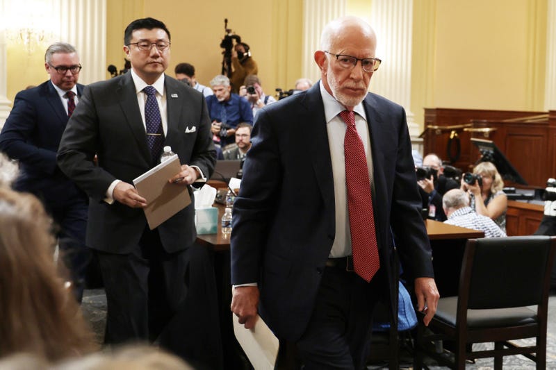 (R-L) Election attorney Benjamin Ginsberg, BJay Pak, former U.S. Attorney for the Northern District of Georgia, and Al Schmidt, former Philadelphia City Commissioner, depart after testifying during a hearing by the Select Committee to Investigate the January 6th Attack on the U.S. Capitol in the Cannon House Office Building on June 13, 2022 in Washington, D.C.