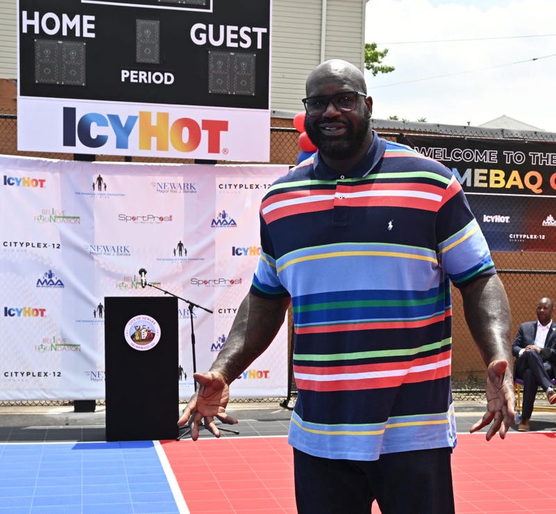 Shaquille O'Neal reacts as The Shaquille O'Neal Foundation & Icy Hot unveil "Comebaq Court" on June 13, 2022 in Newark, New Jersey.
