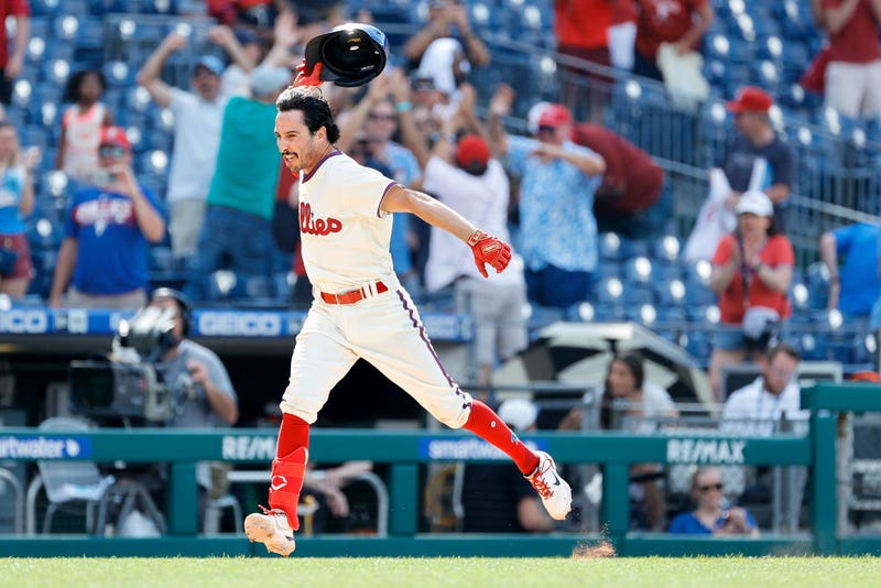 Garrett Stubbs, #21 of the Philadelphia Phillies, rounds bases after hitting a walk-off three-run home run to defeat the Miami Marlins at Citizens Bank Park on June 15, 2022, in Philadelphia, Pennsylvania.