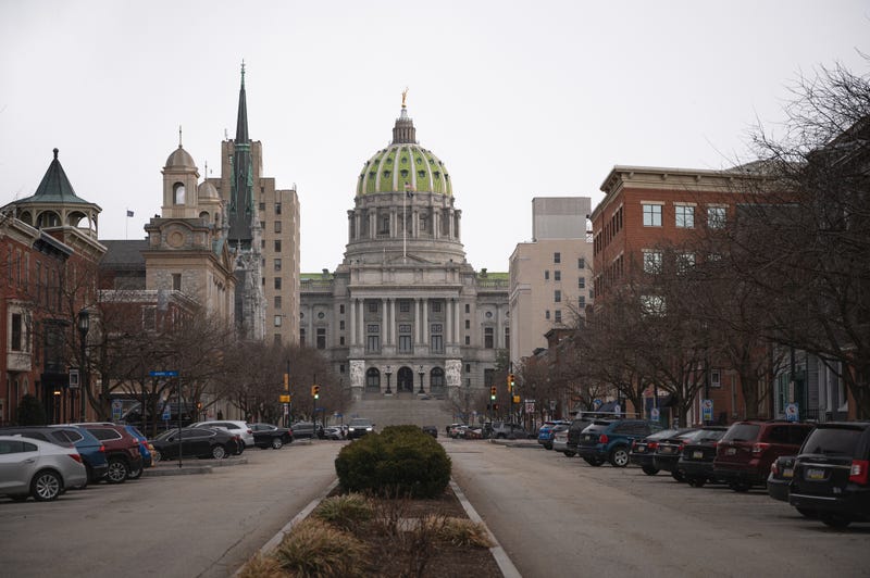 The Pennsylvania capitol just a few seconds before a snowstorm started