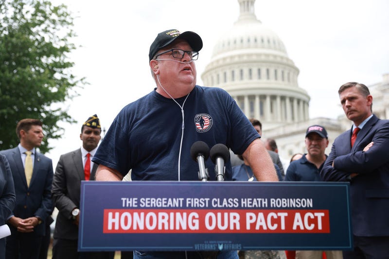 Tim Hauser, with Burn Pits 360, speaks during a press conference to talk about the Senate’s passage of the Sergeant First Class Heath Robinson Honoring Our Promise to Address Comprehensive Toxics Act of 2022 on June 16, 2022 in Washington, DC. The legislation was introduced by U.S. Senators Jerry Moran (R-KS) and Jon Tester (D-MT). The Act is expected to deliver all generations of toxic-exposed veterans their earned health care and benefits under the Department of Veterans Affairs for the first time in the nation’s history. 