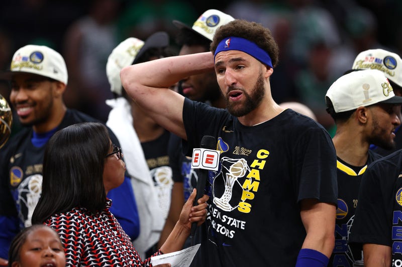 ESPN reporter Lisa Salters interviews Klay Thompson #11 of the Golden State Warriors after they defeated the Boston Celtics 103-90 to win the 2022 NBA Finals at TD Garden on June 16, 2022 in Boston, Massachusetts.