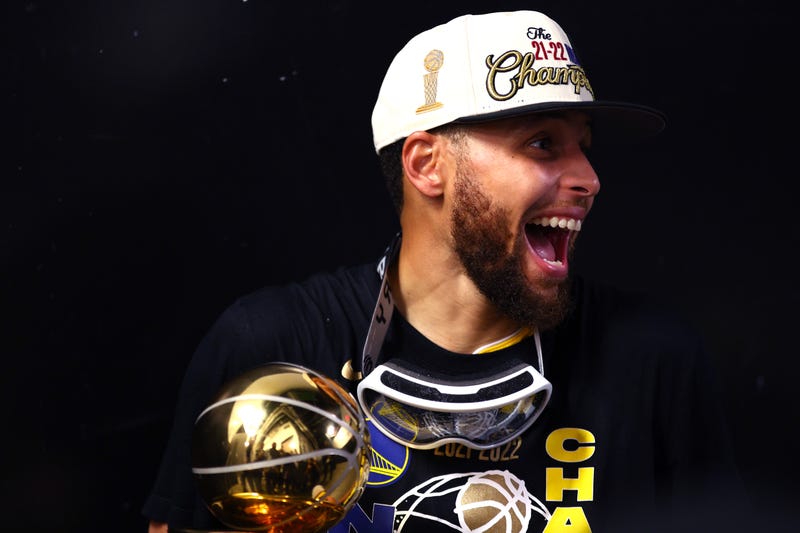  Stephen Curry #30 of the Golden State Warriors celebrates after defeating the Boston Celtics 103-90 in Game Six to win the 2022 NBA Finals at TD Garden on June 16, 2022 in Boston, Massachusetts.