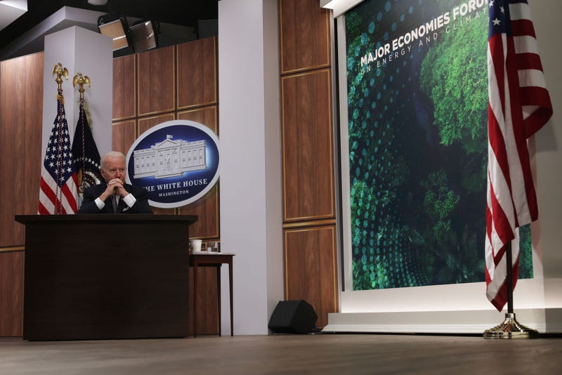 U.S. President Joe Biden waits for the beginning of a virtual Major Economies Forum on Energy and Climate (MEF) at the South Court Auditorium at Eisenhower Executive Office Building June 17, 2022 in Washington, DC. President Biden hosted the forum to discuss energy security, global food security and climate crisis. (Photo by Alex Wong/Getty Images)