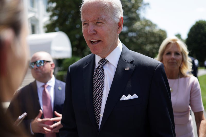 U.S. President Joe Biden speaks to members of the press prior to a Marine One departure from the White House June 17, 2022 in Washington, D.C.