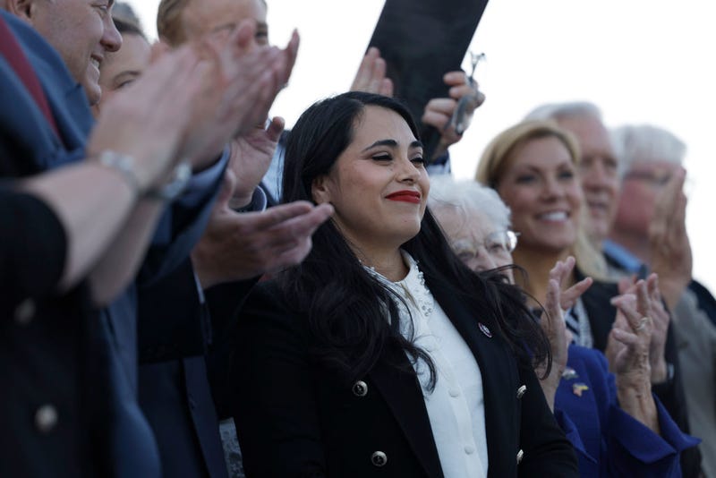 U.S. Rep. Mayra Flores (R-TX) is applauded by House Republicans at a news conference after being sworn in at the Capitol Building on June 21, 2022 in Washington, DC. Flores was elected to fill the seat held by Democratic Rep. Filemon Vela, who resigned from office in March. She is the first Mexican-born woman elected to Congress. (Photo by Anna Moneymaker/Getty Images)