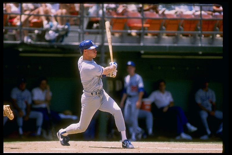 Second baseman Steve Sax of the Los Angeles Dodgers at bat during a game.