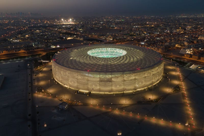 An aerial view of Al Thumama stadium at sunset on June 22, 2022 in Doha, Qatar