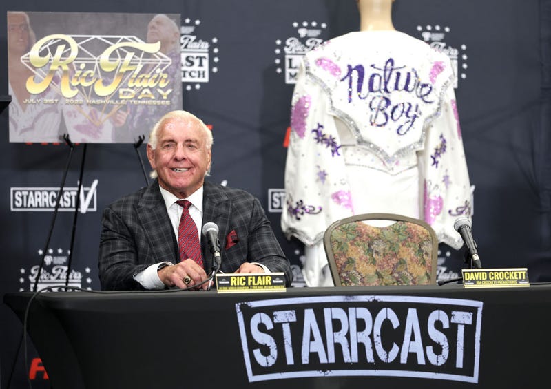 American wrestler Ric Flair attends a press conference where July 31rst is declared “Ric Flair Day” in Music City at Nashville Fairgrounds on June 23, 2022