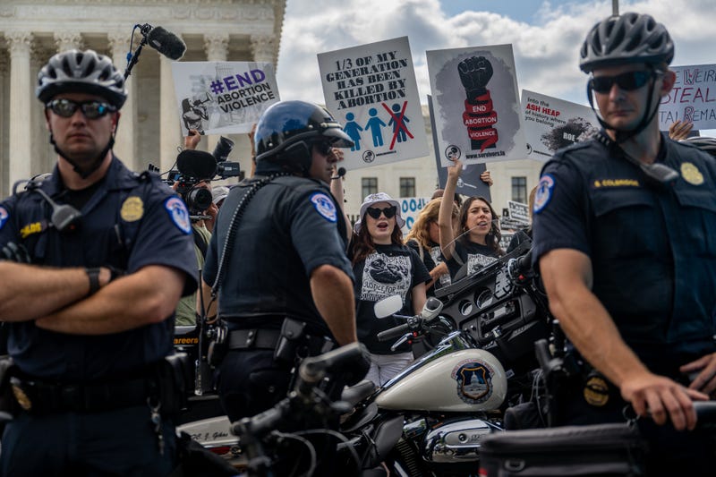 Demonstrators protest in front of the U.S. Supreme Court moments before the Dobbs v Jackson Women's Health Organization ruling on June 24, 2022 in Washington, DC