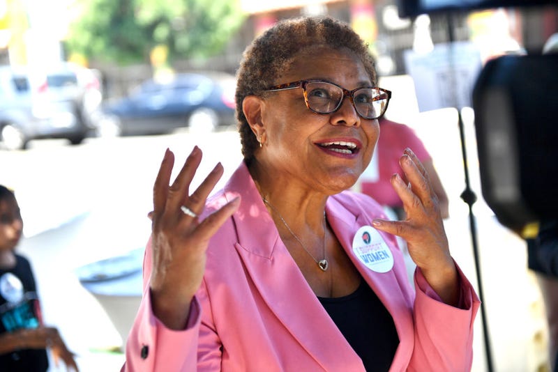 JUNE 25: Los Angeles Mayoral candidate Representative Karen Bass (D-CA) is interviewed by the media at the grand opening celebration of The Women's March Action Headquarters on June 25, 2022, in Boyle Heights, Los Angeles.