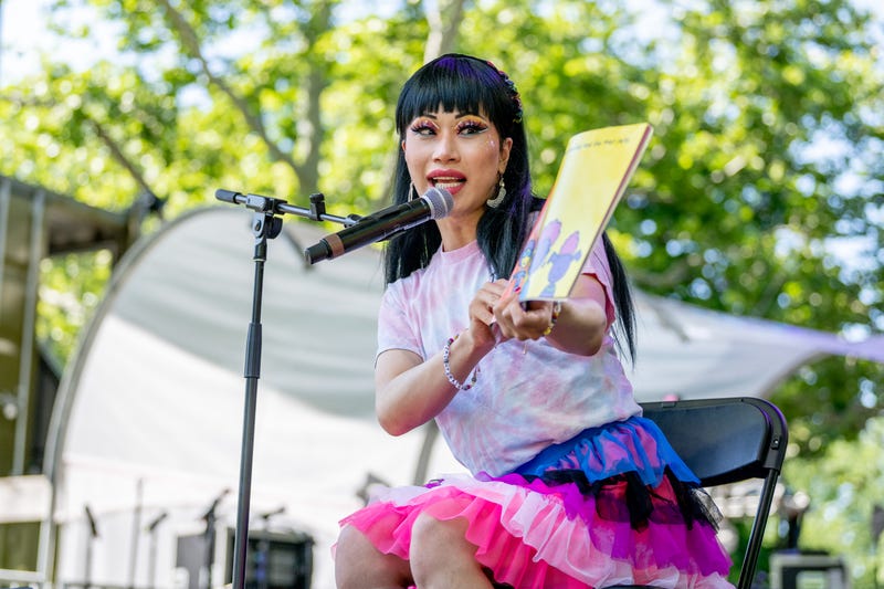 Yuhua Hamasaki performs "Drag Queen Story Hour" during Youth Pride at Rumsey Playfield, Central Park on June 25, 2022 in New York City.