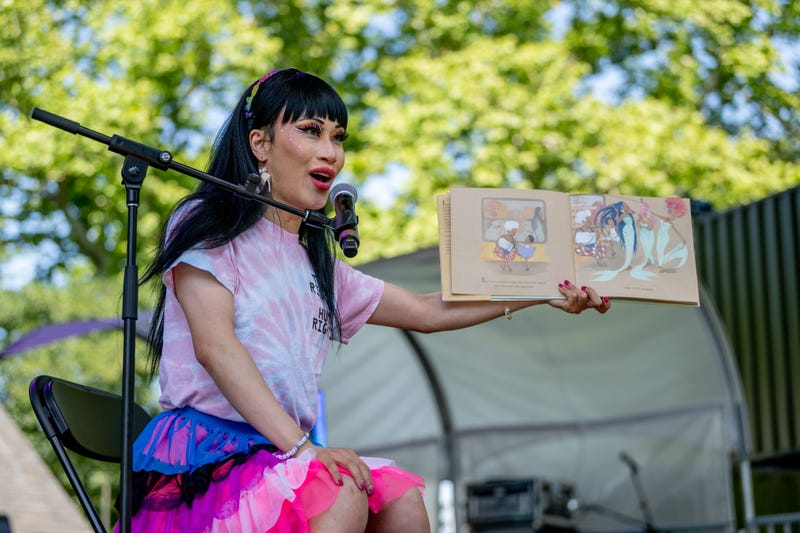 Yuhua Hamasaki performs "Drag Queen Story Hour" during Youth Pride at Rumsey Playfield, Central Park on June 25, 2022 in New York City.