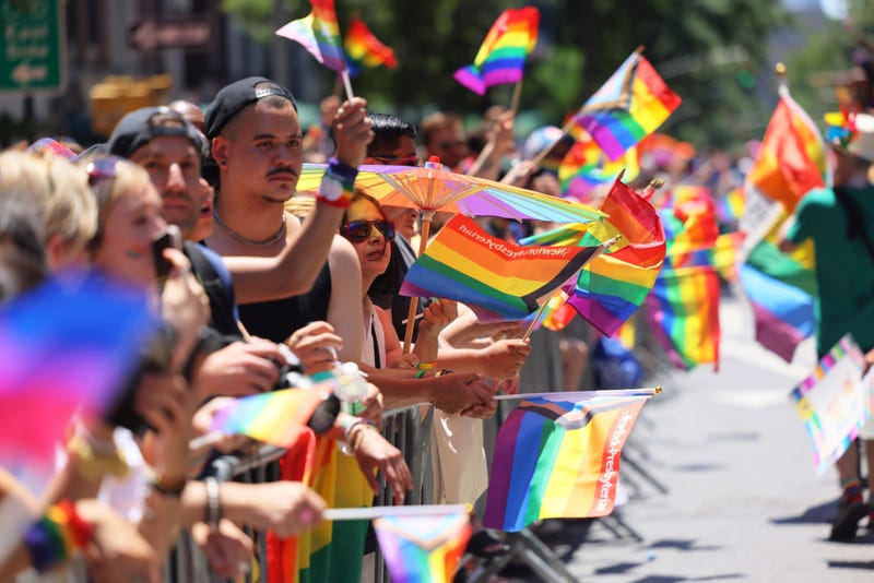 People wave Pride flags as they watch the New York City Pride Parade on Fifth Avenue last June