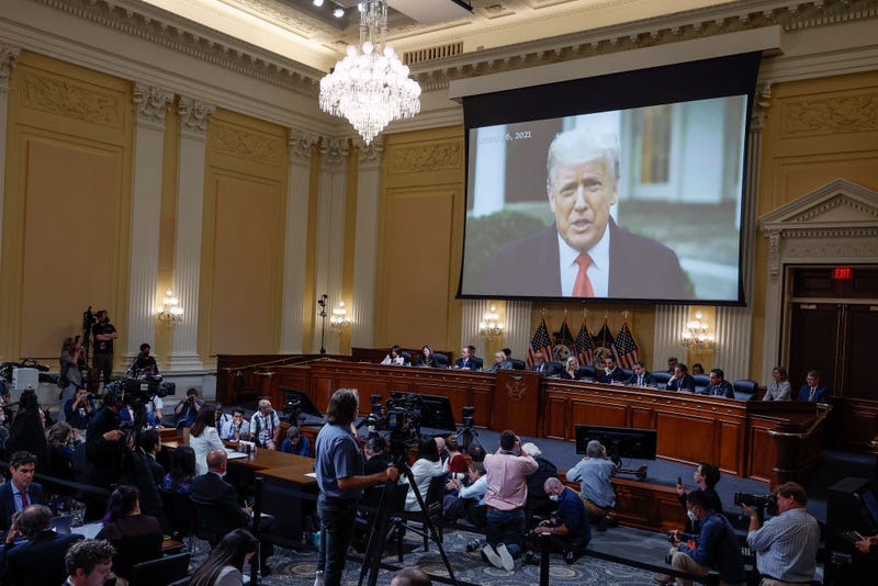 A video of former President Donald Trump is played as Cassidy Hutchinson, a top former aide to Trump White House Chief of Staff Mark Meadows, testifies during the sixth hearing by the House Select Committee to Investigate the January 6th Attack on the U.S. Capitol .