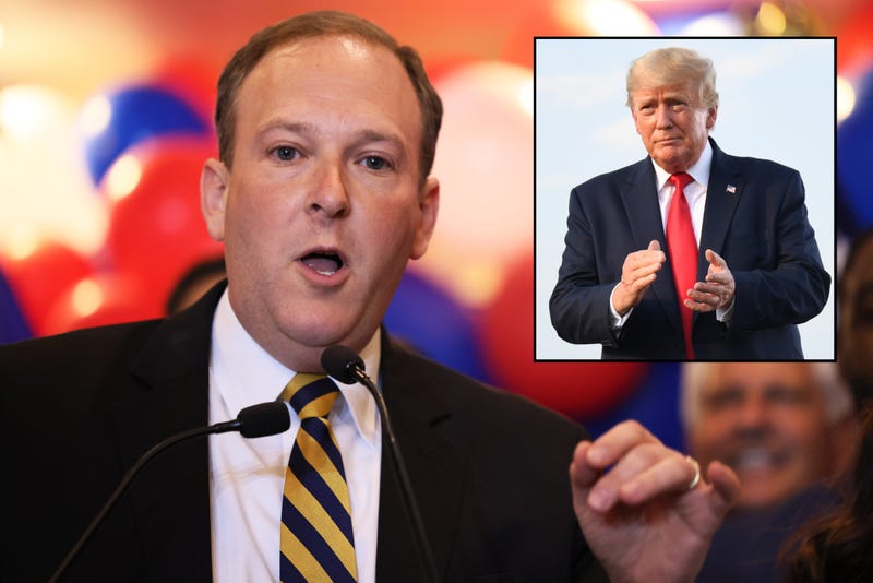 NY GOP candidate for governor, Rep. Lee Zeldin, speaks during his election night party at the Coral House on June 28, 2022 in Baldwin, New York. Inset: Donald Trump at a rally in Mendon, Illinois, on June 25, 2022