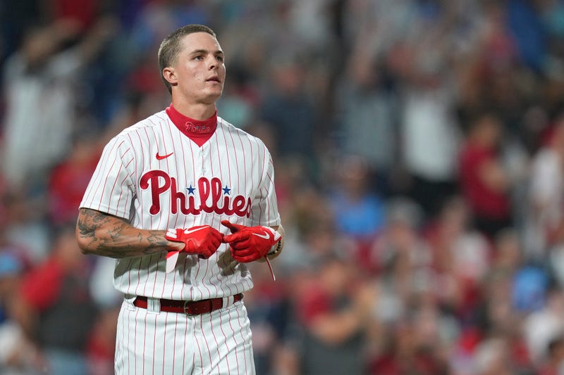 Mickey Moniak, then #16 of the Philadelphia Phillies, looks on against the Atlanta Braves at Citizens Bank Park on June 29, 2022, in Philadelphia, Pennsylvania.