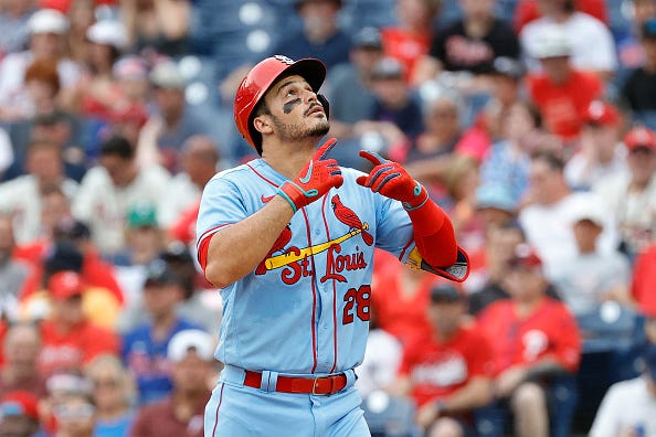 Nolan Arenado models the powder blue throwbacks of the Cardinals.