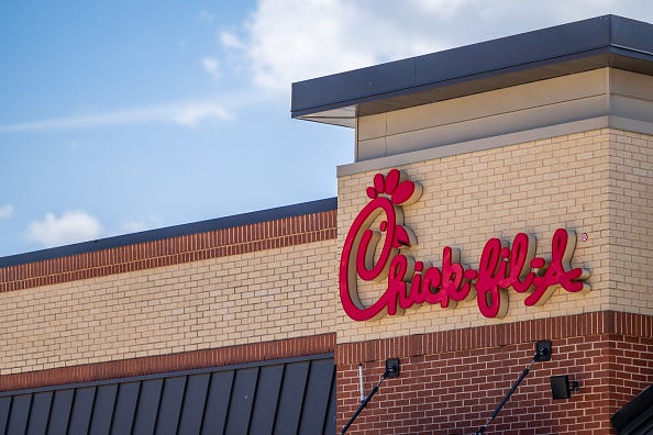 A Chick-fil-A restaurant is seen on July 05, 2022 in Houston, Texas. According to an annual survey produced by the American Customer Satisfaction Index (ACSI), Chick-fil-A has maintained its position as America's favorite restaurant for the eighth straight year in a row. 