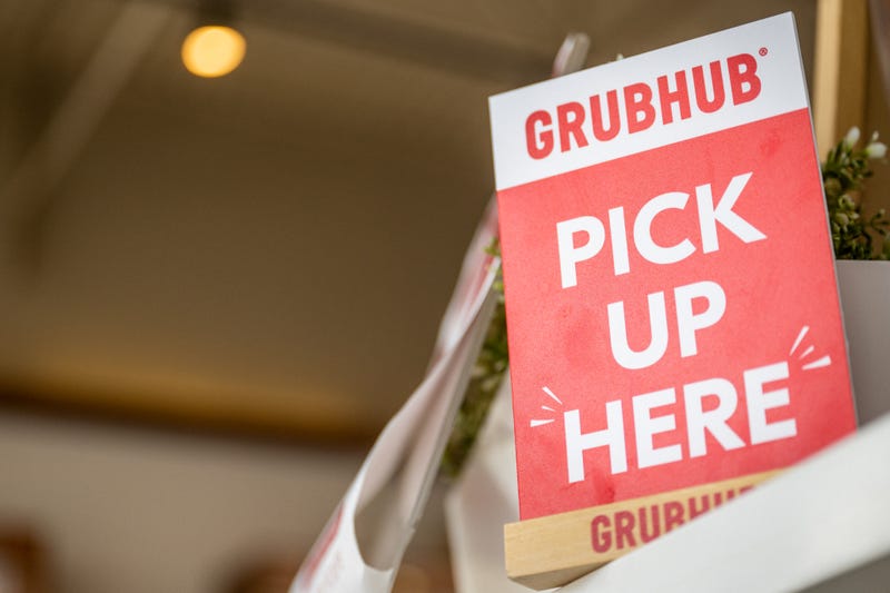 HOUSTON, TEXAS - JULY 07: A Grubhub sign is seen in a Bubble Egg restaurant on July 07, 2022 in Houston, Texas. As of Wednesday, the premium service, called Grubhub, became a free perk for Amazon Prime members.