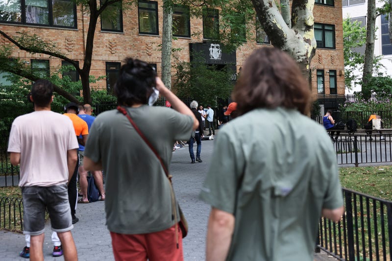 People wait in line to enter the Chelsea Sexual Health Clinic on July 08, 2022 in New York City. The Chelsea Sexual Health Clinic is one of two locations, currently administering a vaccine for Monkeypox in NYC.