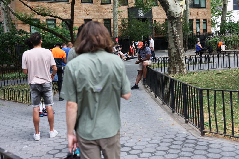 People wait in line to enter the Chelsea Sexual Health Clinic on July 08, 2022 in New York City. The Chelsea Sexual Health Clinic is one of two locations, currently administering a vaccine for Monkeypox in NYC. 