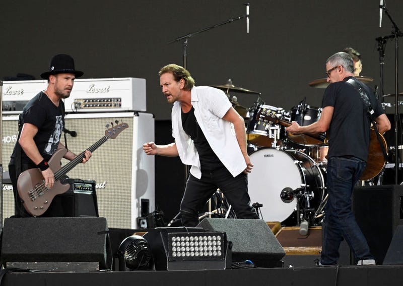 Jeff Ament, Eddie Vedder and Stone Gossard of Pearl Jam perform on stage as American Express Presents BST Hyde Park, in Hyde Park on July 08, 2022 in London, England.